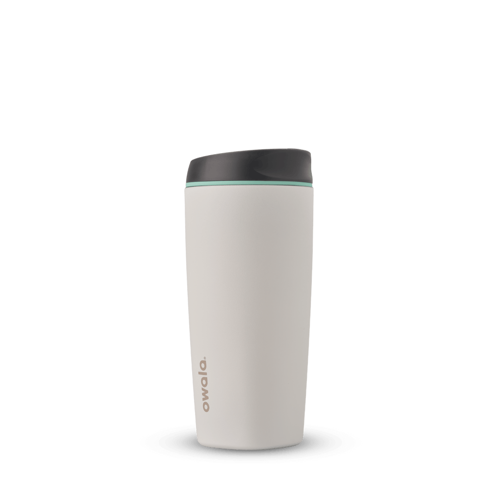 Owala insulated travel mug in white with black lid and turquoise rim, featuring Owala logo
