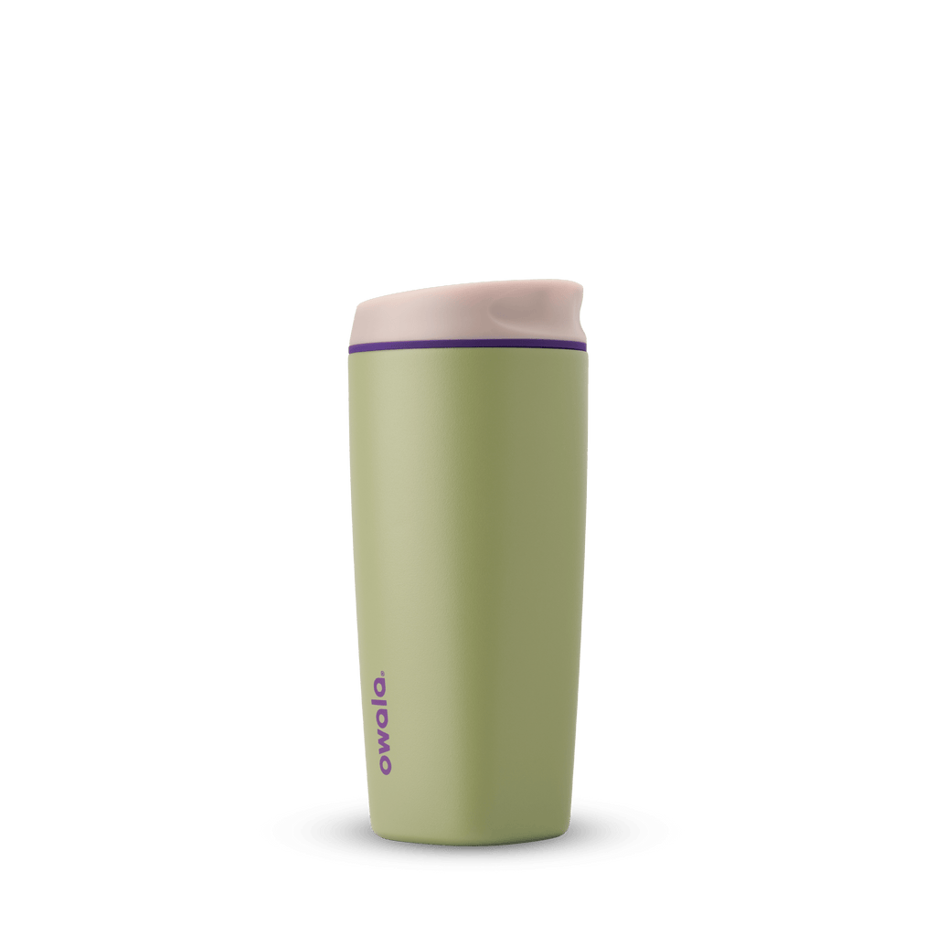Owala SmoothSip insulated travel mug in hip cactus green with light pink lid and purple logo