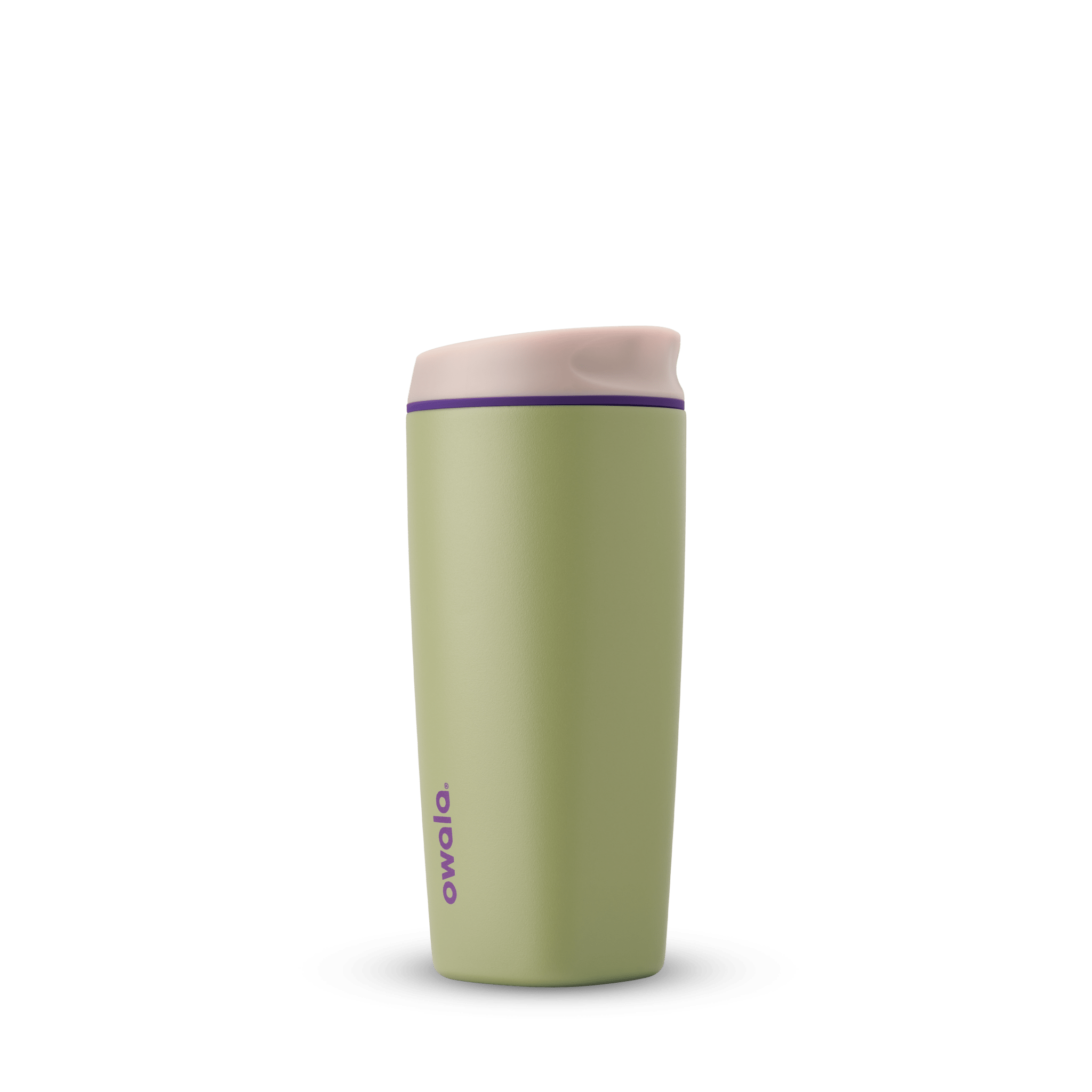 Owala SmoothSip travel water bottle in cactus green with light pink lid and purple logo