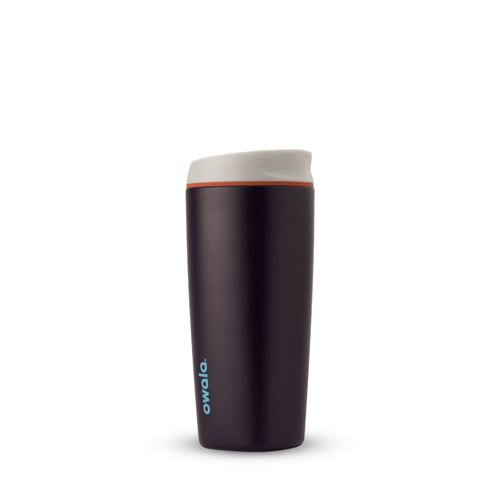 Owala SmoothSip insulated travel tumbler in dark purple with white lid and orange accent