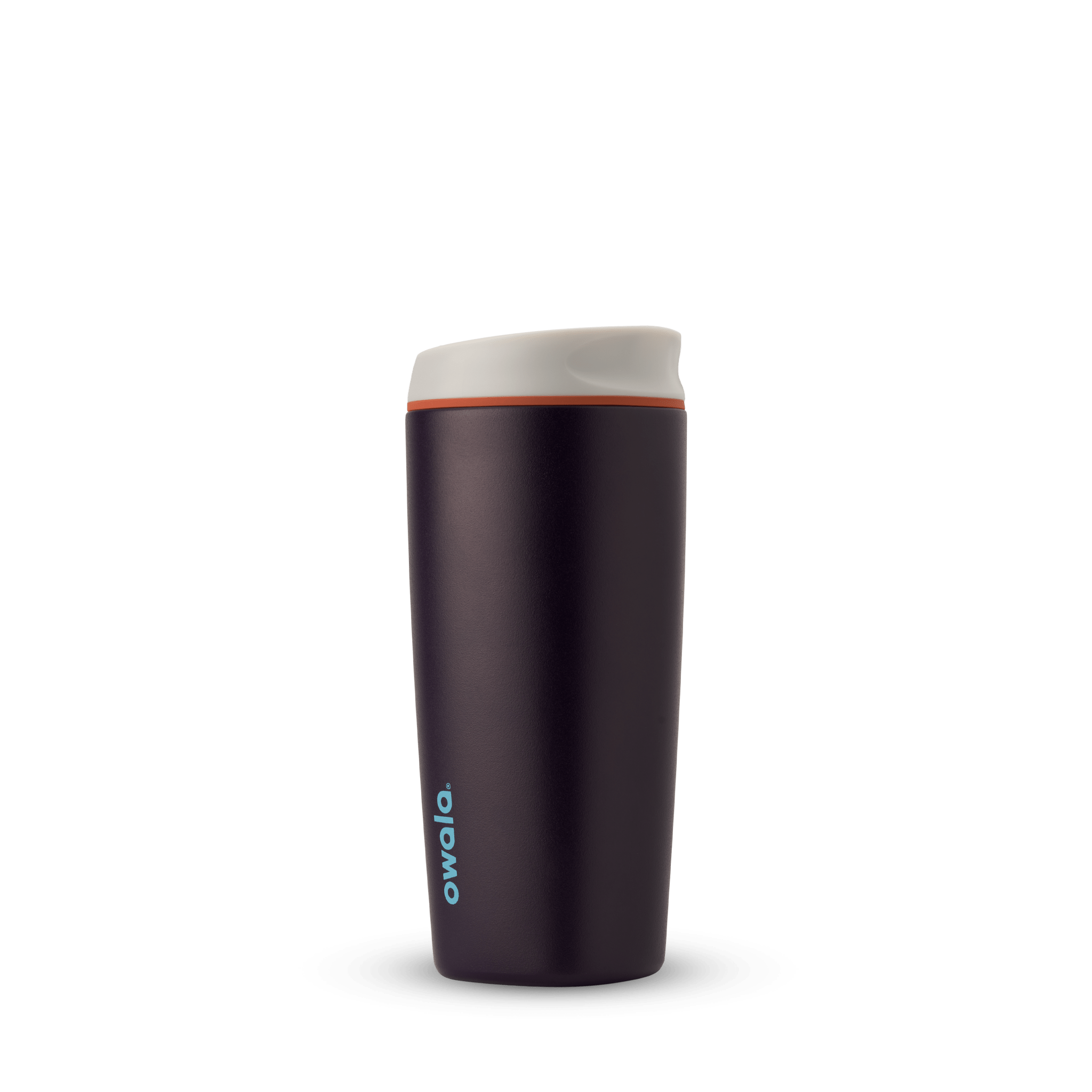 Owala SmoothSip insulated travel tumbler in dark purple with white lid and orange accent