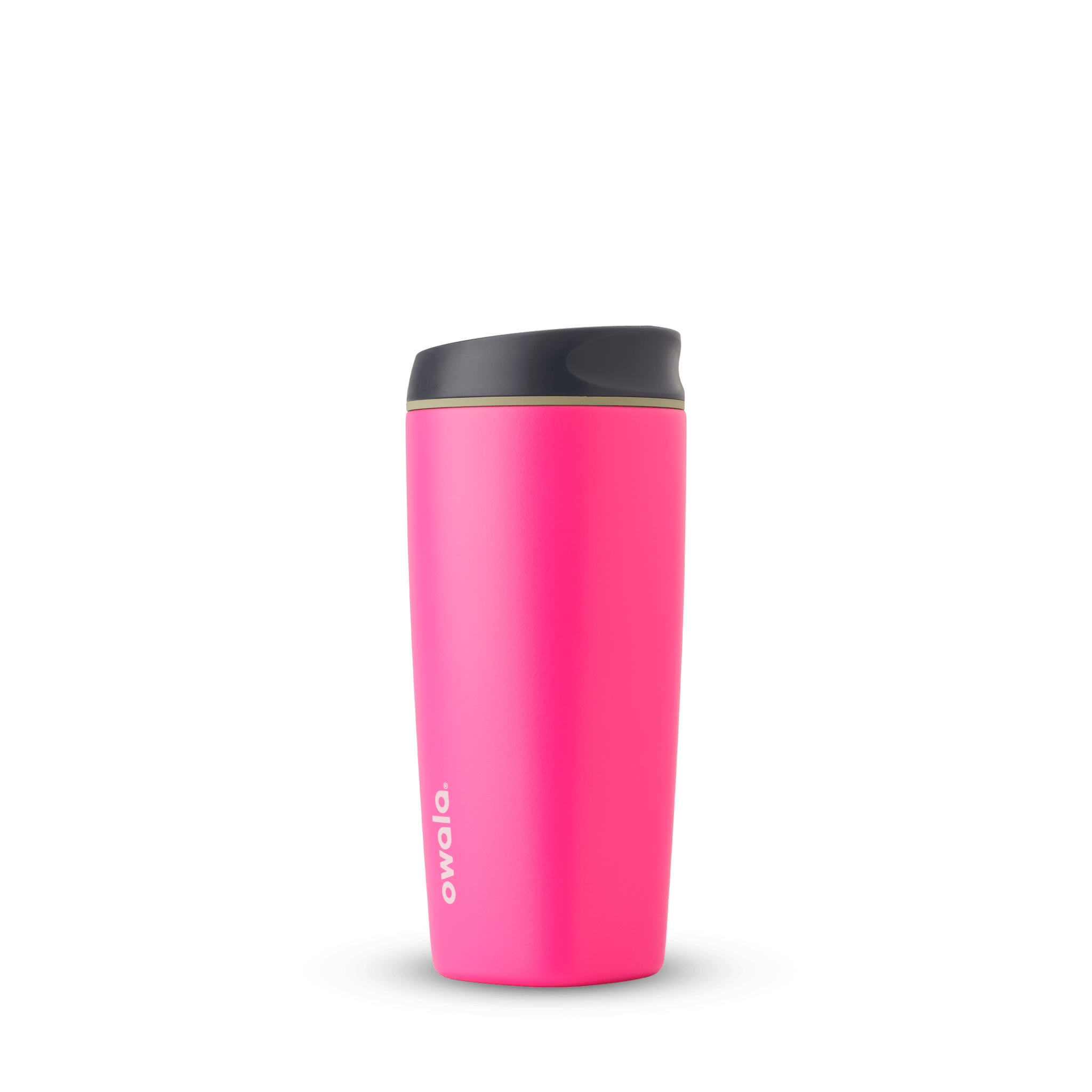 Bright pink Owala SmoothSip insulated water bottle with black lid on white background