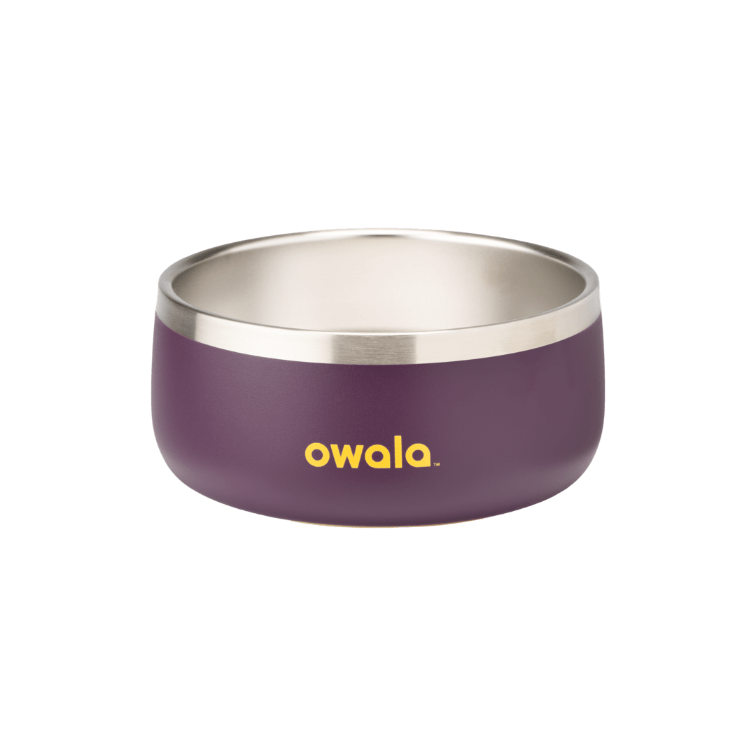 Purple Owala metal pet bowl with stainless steel interior and yellow logo