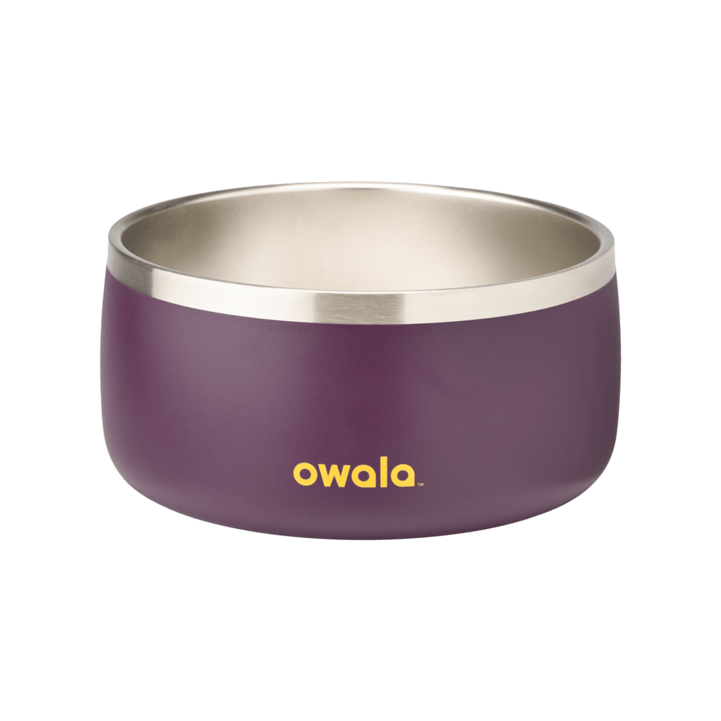 Purple stainless steel pet bowl with yellow Owala logo, smooth curved design, isolated on white