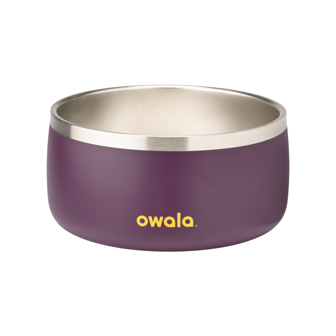 Purple stainless steel pet bowl with yellow Owala logo, smooth curved design, isolated on white
