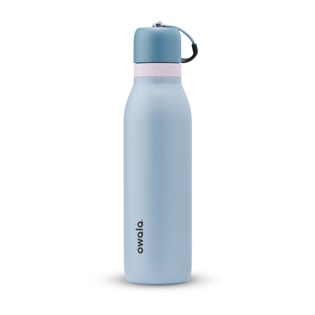 Light blue Owala insulated stainless steel water bottle with light pink band and carrying loop