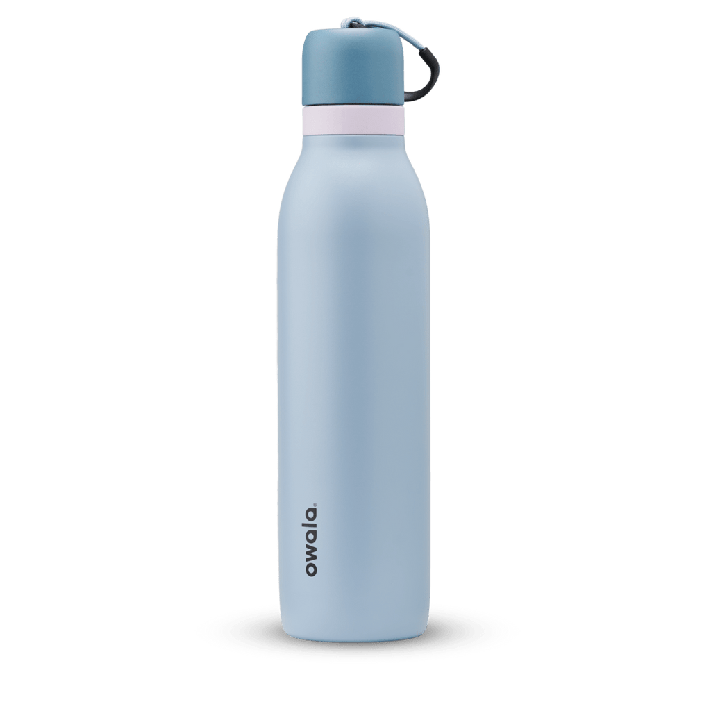 Light blue Owala stainless steel water bottle with pink accent and carrying loop cap