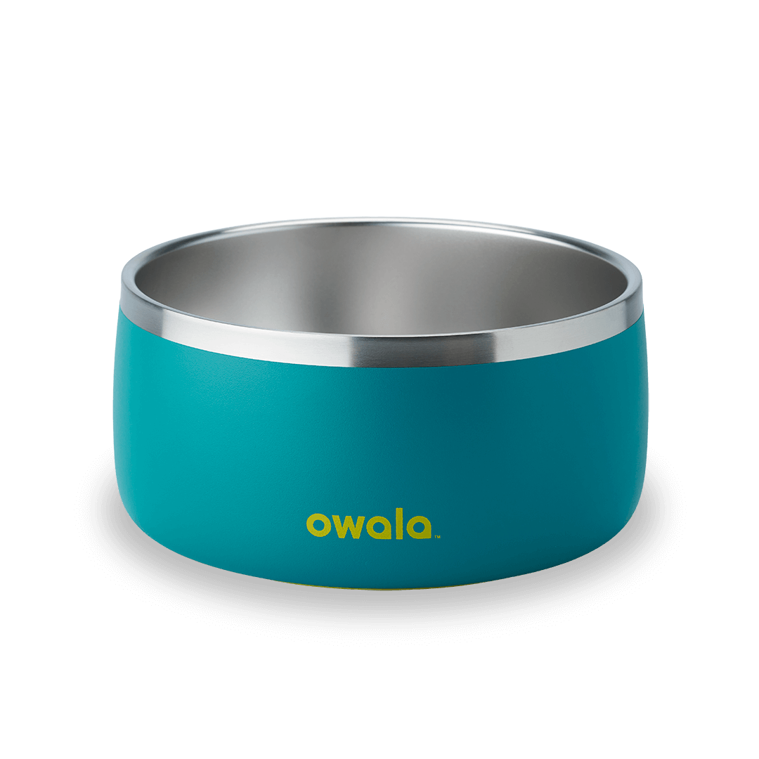 Owala turquoise stainless steel insulated 48oz bowl with yellow logo