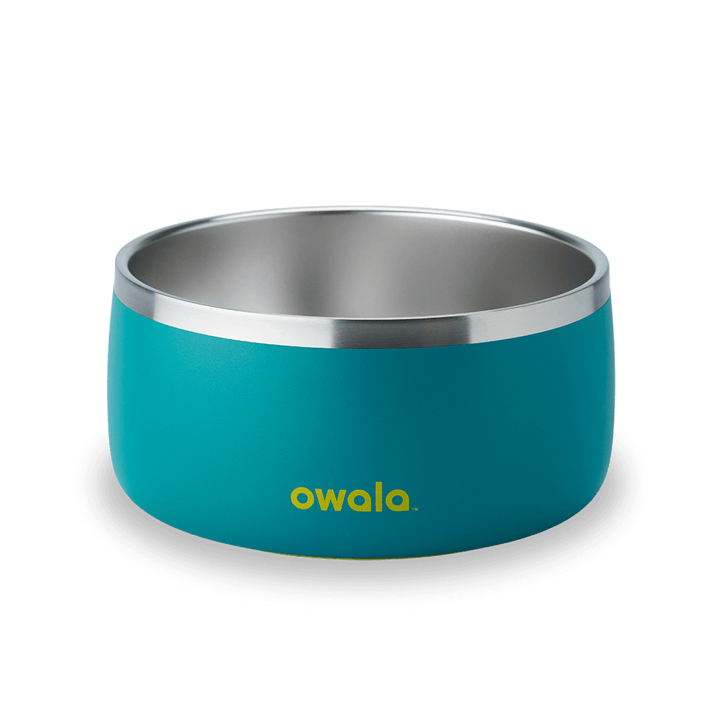 Turquoise Owala stainless steel bowl with silver rim and yellow logo on black background
