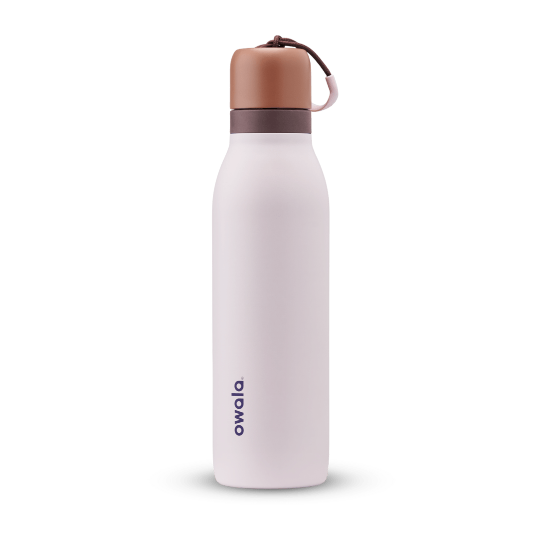 Owala branded lavender water bottle with a brown twist cap and carrying loop