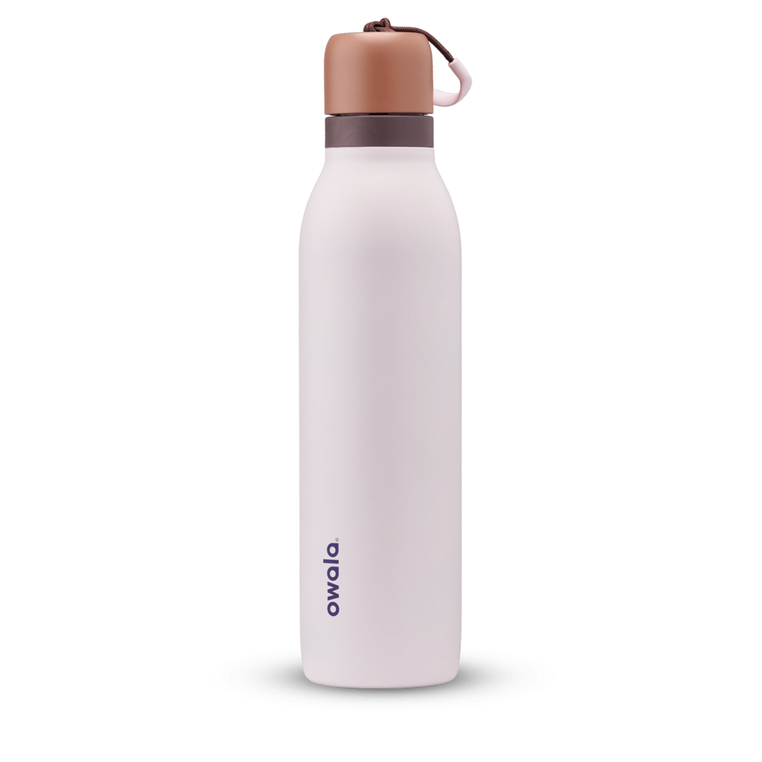 Owala branded 24oz white water bottle with brown lid and loop handle against white background