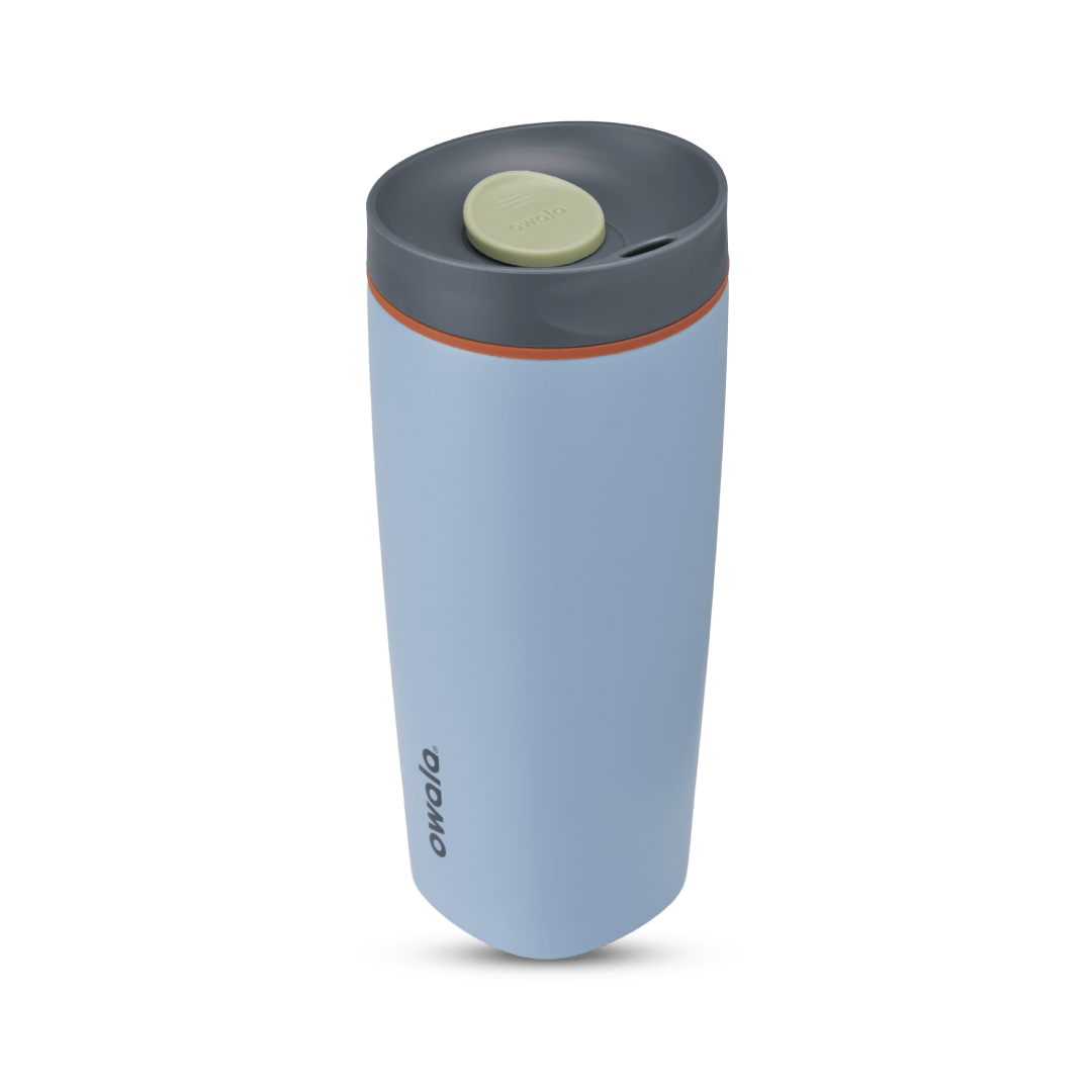 20oz light blue Owala insulated travel tumbler with gray lid and green sip cap
