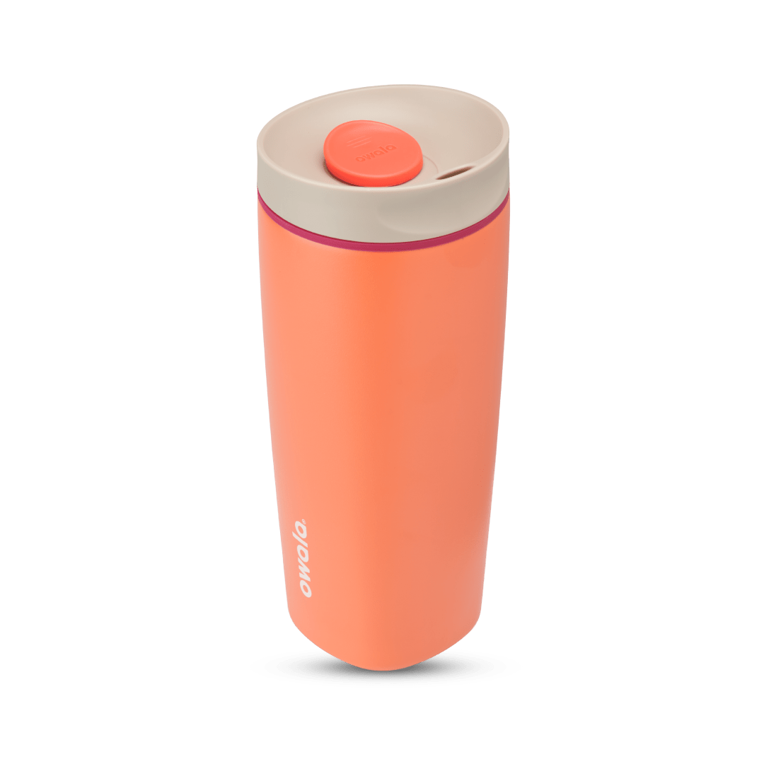 Orange Owala 20oz insulated tumbler with beige lid and red button for smooth sip