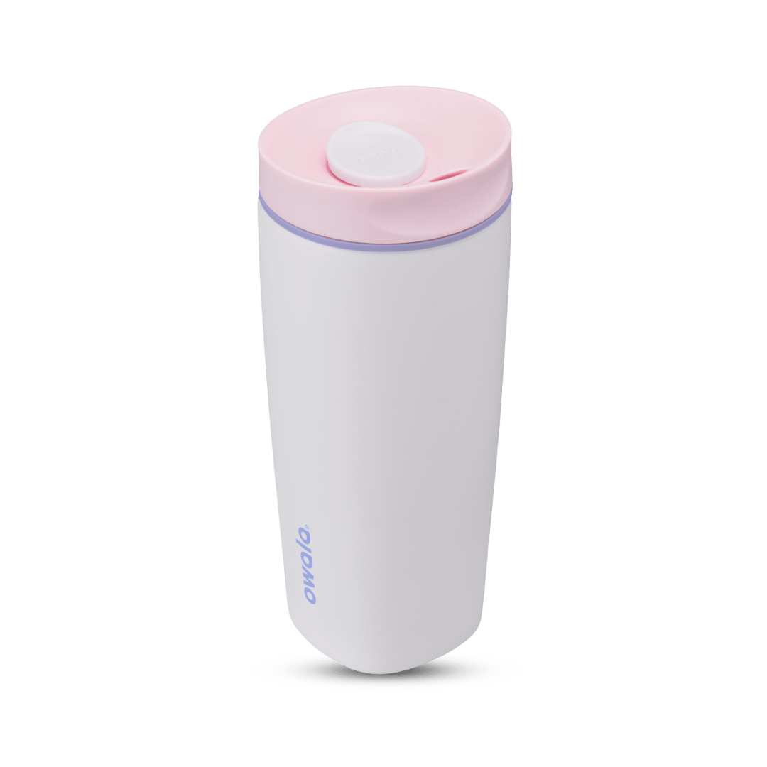20oz white insulated travel tumbler with pink lid and owalo logo