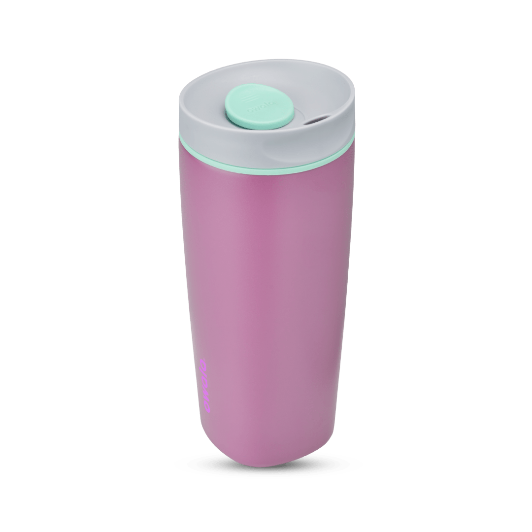 Purple 20oz insulated travel tumbler with light gray lid and mint green slider