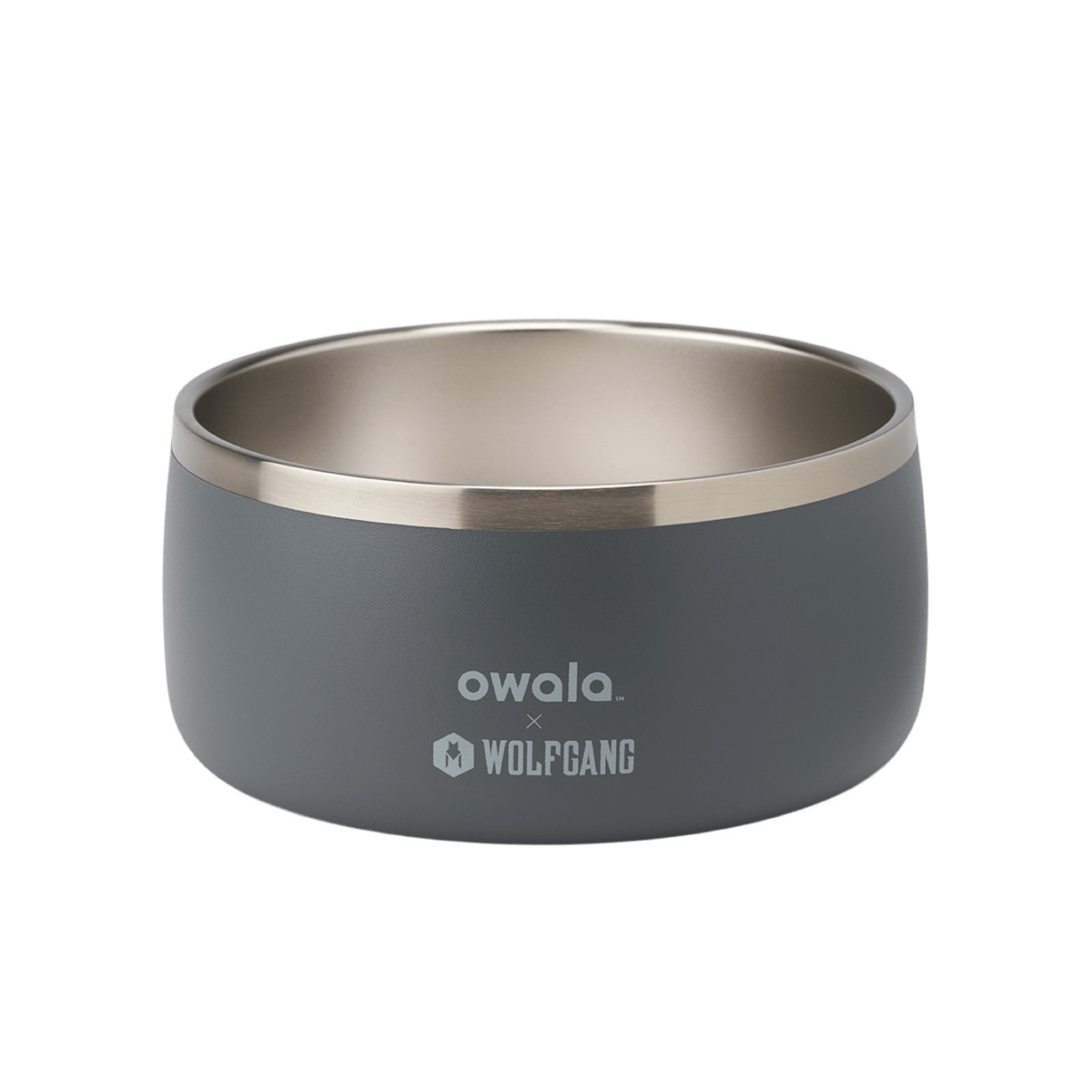 Owala x Wolfgang gray pet bowl with stainless steel interior and logo on front