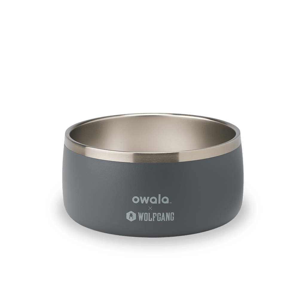 Owala x Wolfgang branded gray and stainless steel insulated dog bowl