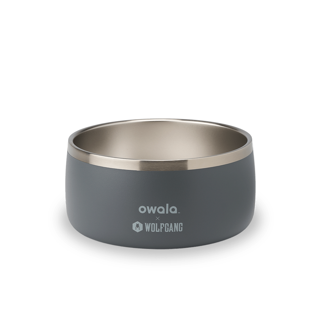 Owala x Wolfgang branded gray and stainless steel insulated dog bowl