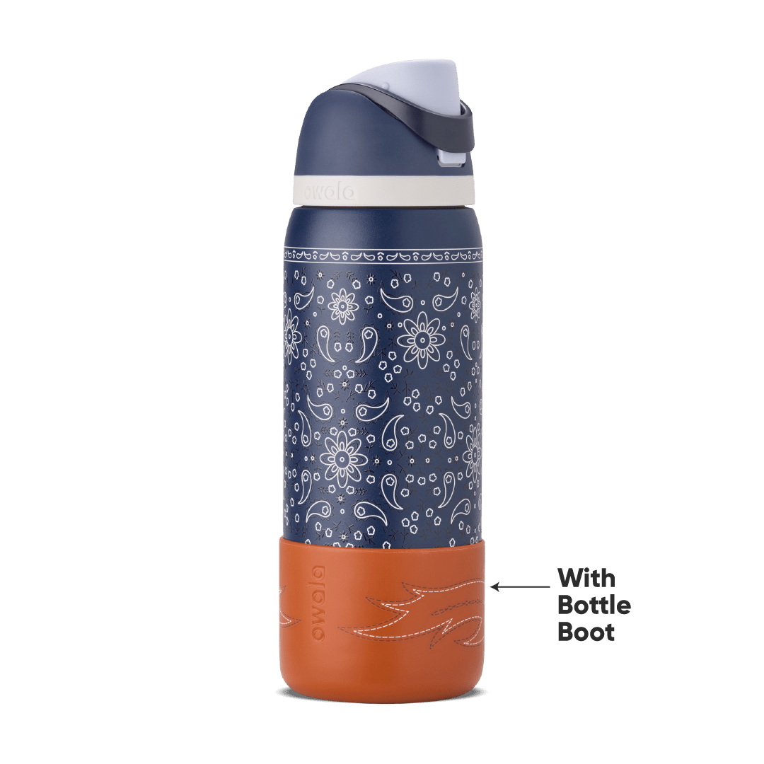 Owela stainless steel water bottle with white floral pattern and orange protective bottle boot
