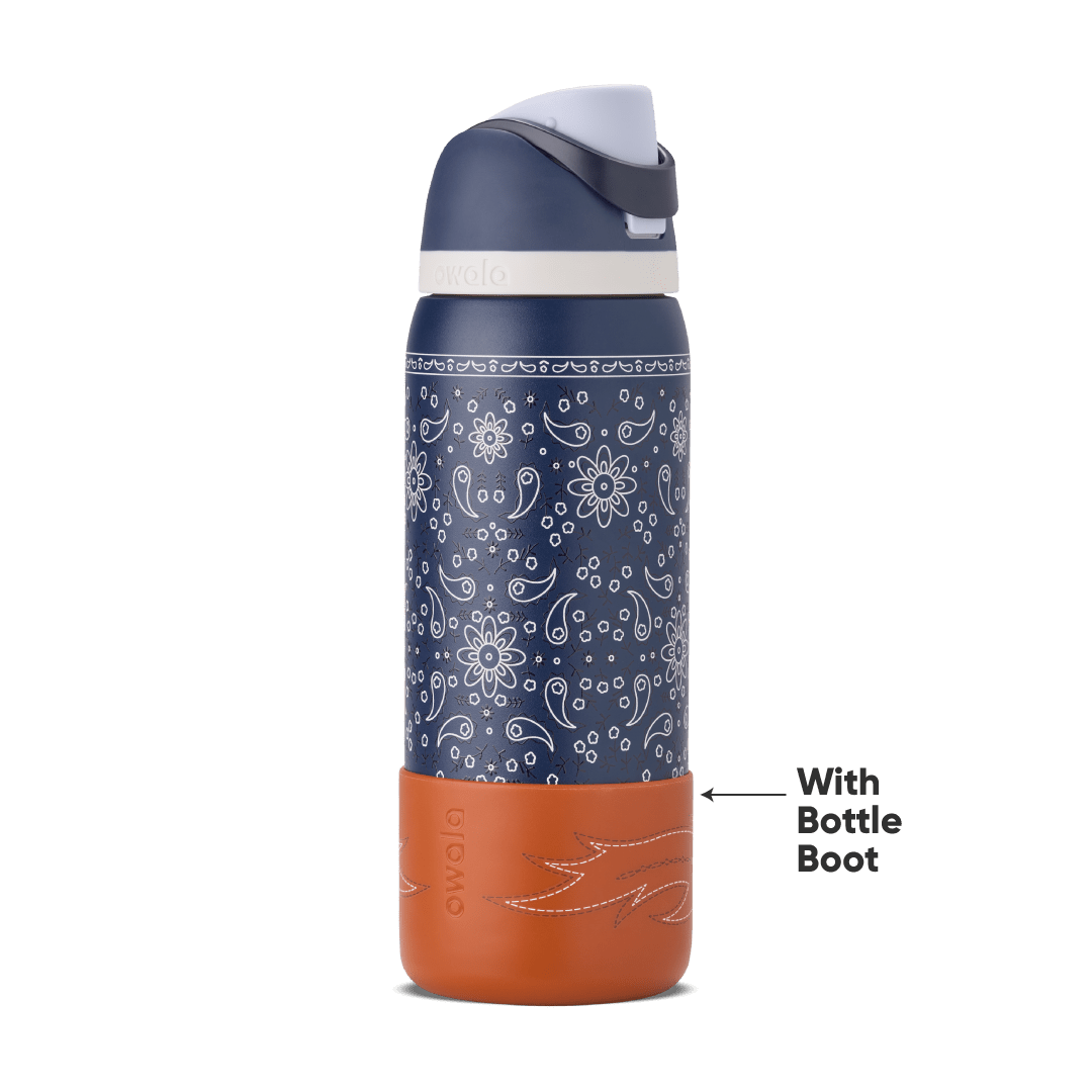 Blue floral patterned insulated water bottle with white cap and brown silicone bottle boot