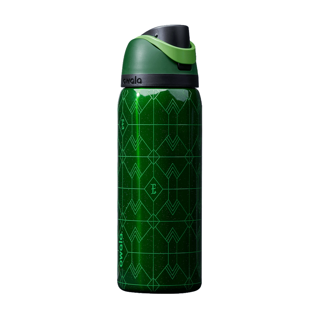 Green reusable water bottle with geometric patterns, black-green flip cap, Owala brand logo