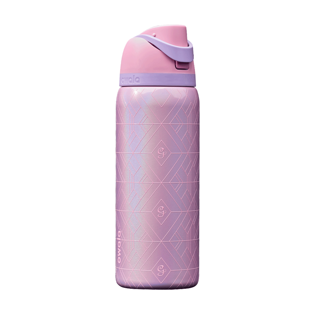 Rotating pink and purple insulated water bottle with geometric pattern and flip-top lid