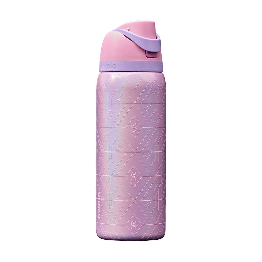 Rotating pink and purple insulated water bottle with geometric pattern and flip-top lid