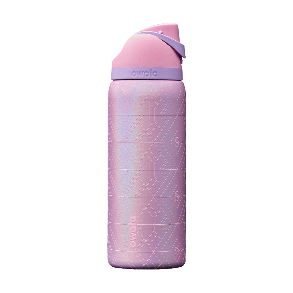Rotating pink and purple Owala water bottle with geometric pattern and flip-top lid