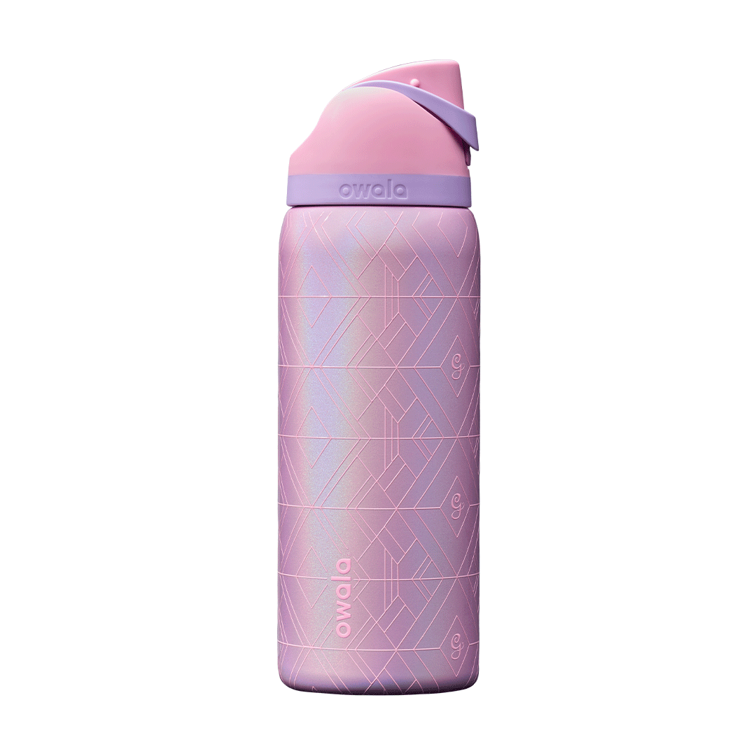 Rotating pink and purple Owala water bottle with geometric pattern and flip-top lid