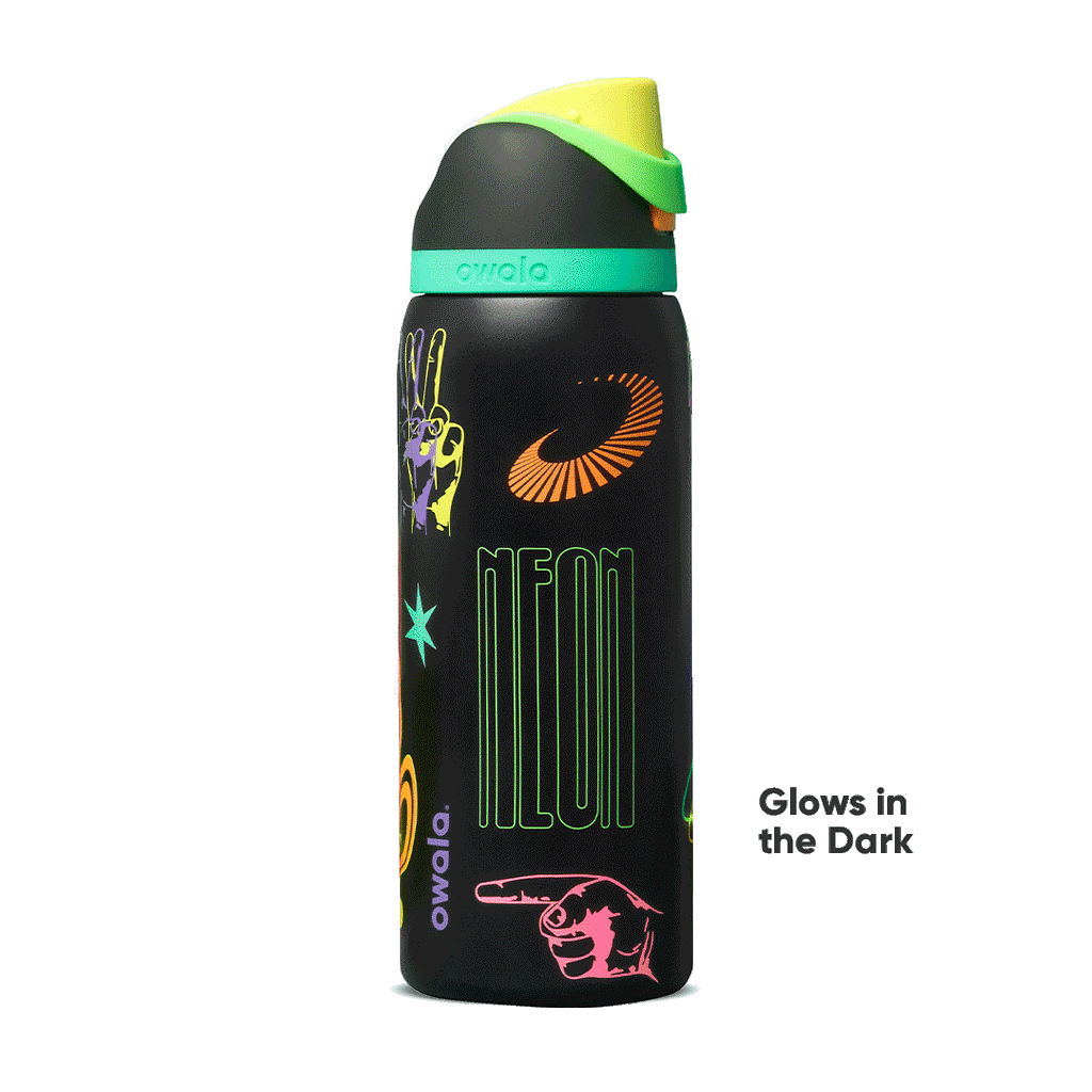 Black Owala water bottle with neon glow-in-the-dark stickers and colorful cap