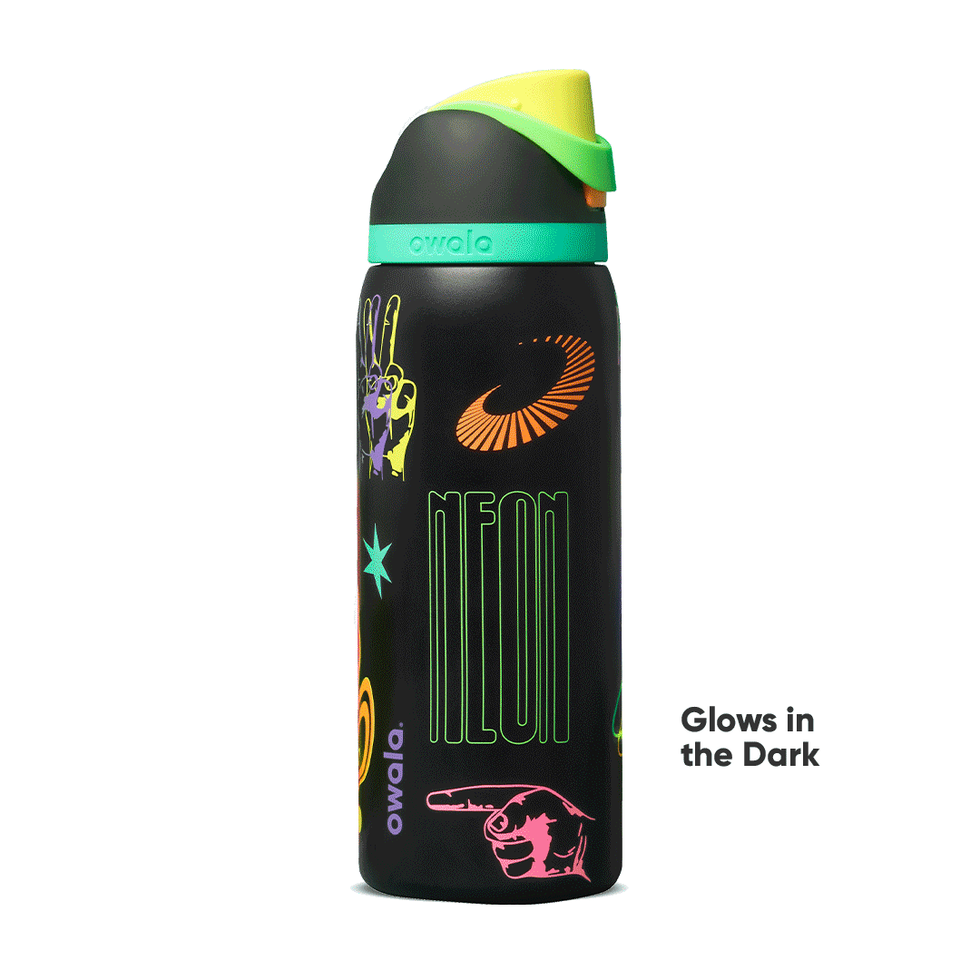 Black Owala water bottle with neon glow-in-the-dark stickers and colorful cap