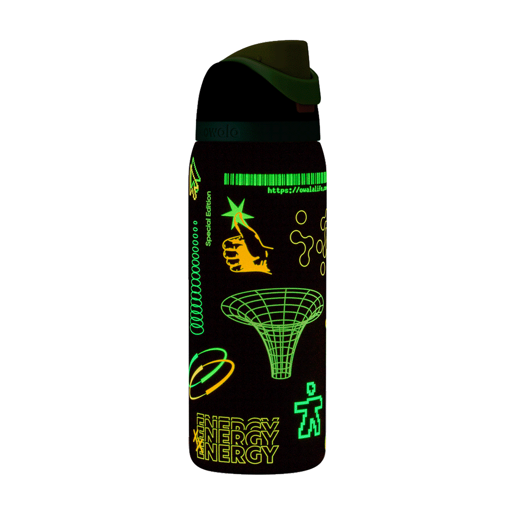 Black water bottle with green and yellow neon designs including a thumbs-up, funnel, energy text, and digital icons