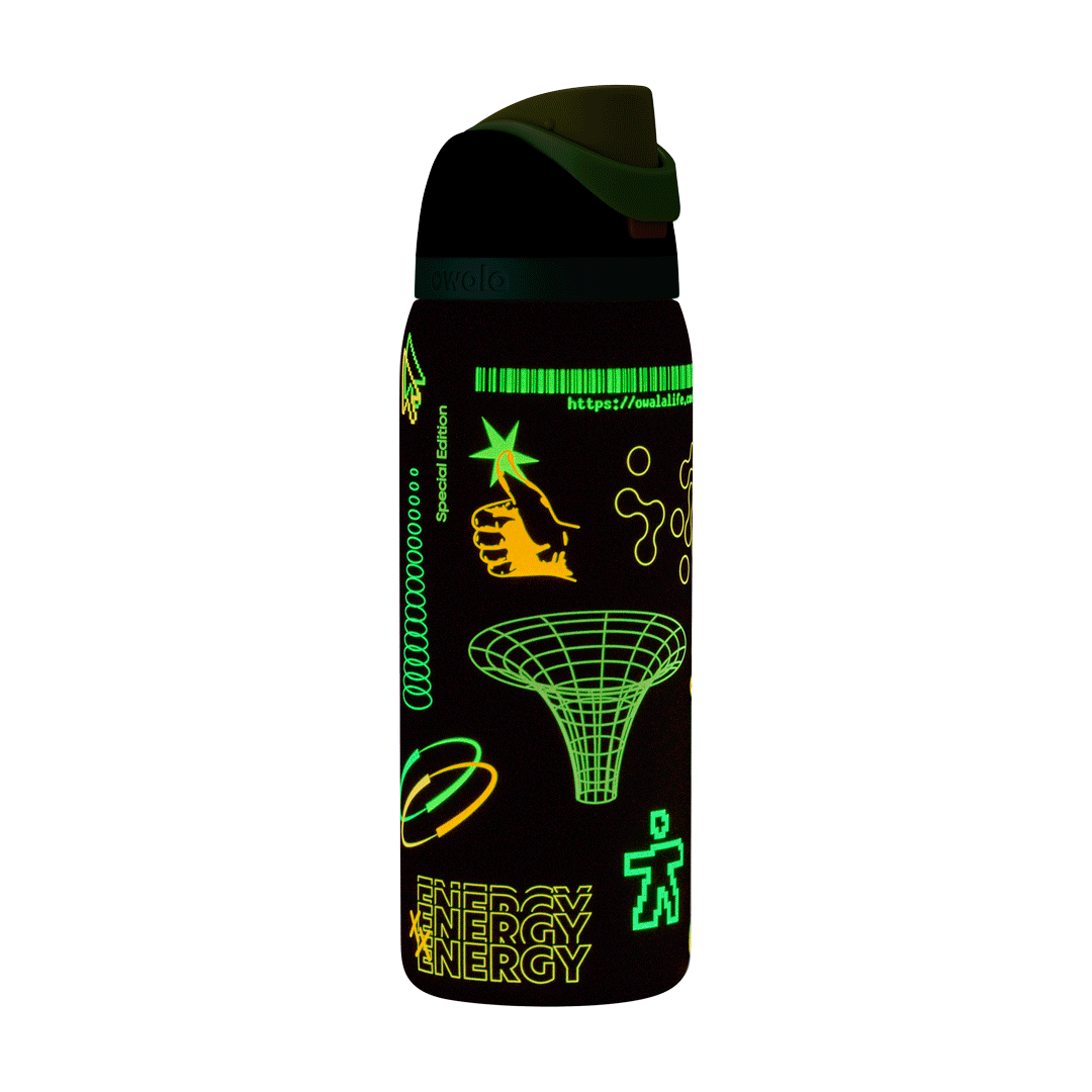 Black water bottle with green and yellow neon designs including a thumbs-up, funnel, energy text, and digital icons