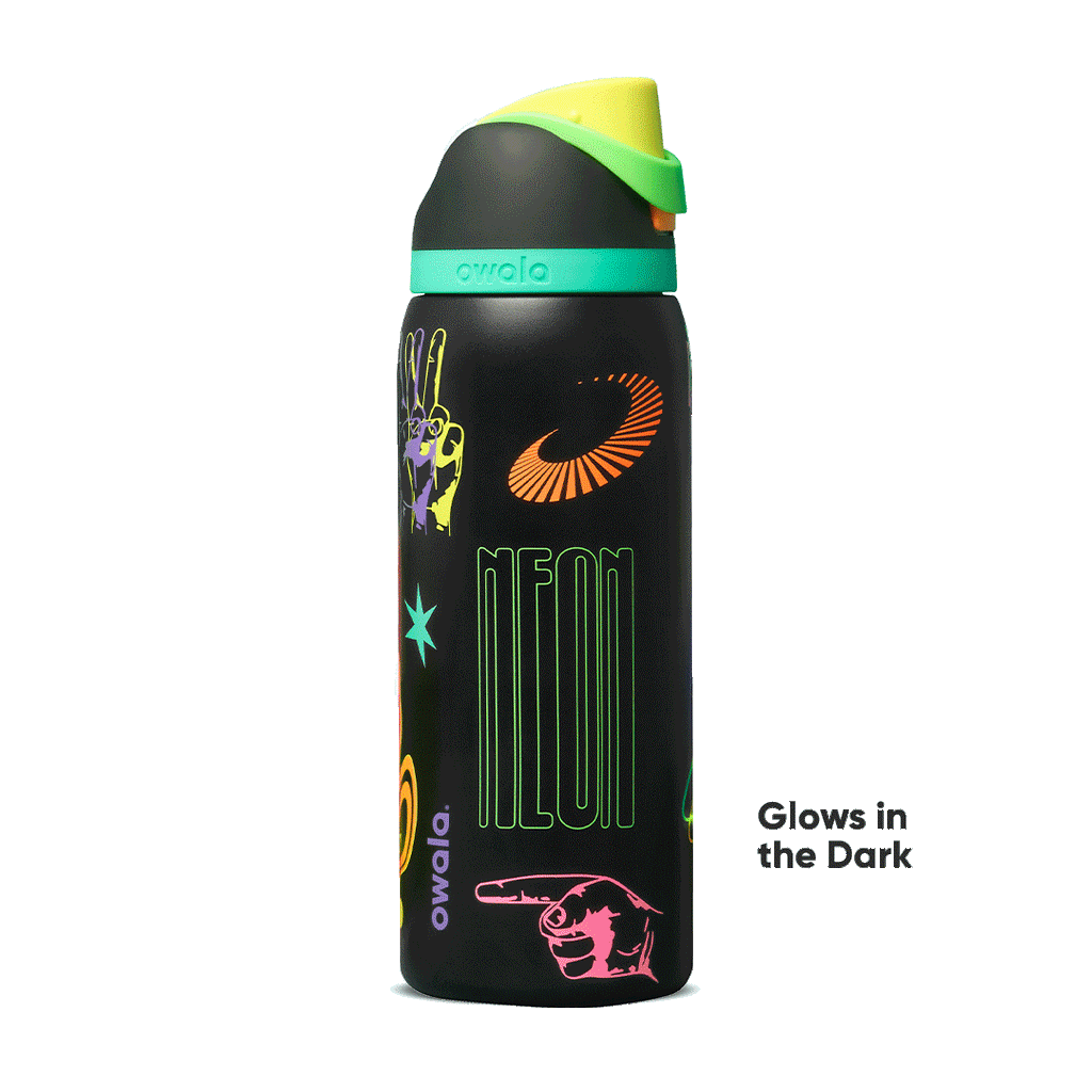 Black Owala water bottle with neon glow-in-the-dark hand graphics and colorful designs