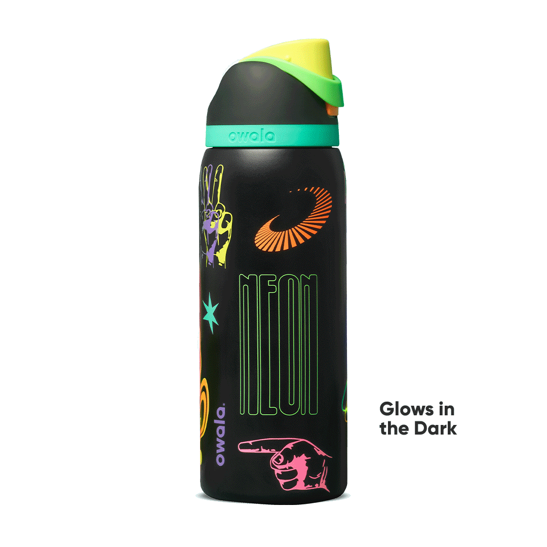 Black Owala water bottle with neon glow-in-the-dark hand graphics and colorful designs